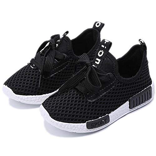 Daclay Zapatos niños Niñas Deportivo Transpirable Malla con Parte Superior de Cuero cómoda Suave Cordones Zapatillas Sneakers (30 EU,Negro)