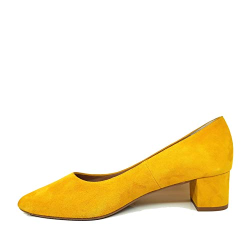 DAILA - Salones Tacones de Vestir para Mujer en Piel Amarillo Mostaza con Punta Fina y Tacon Bajo Ancho de 4 cm - Hechos en España - Moda Tendencia Zapatos Casual Formal Comodos - Amarillo 45 EU