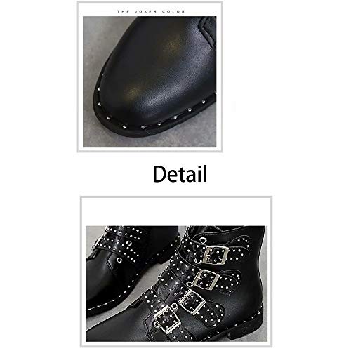 Damas Martin Botas Impermeables Remache Botines Punta Puntiaguda Botines con Cremallera Tachonada Correa de la Correa Bajo Tacón Grueso Botines para Mujeres
