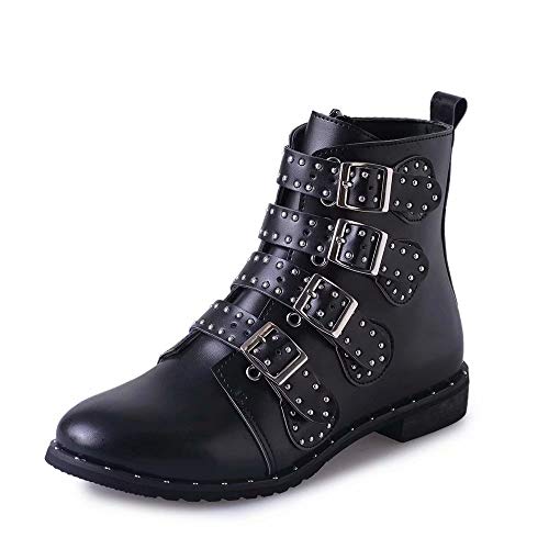 Damas Martin Botas Impermeables Remache Botines Punta Puntiaguda Botines con Cremallera Tachonada Correa de la Correa Bajo Tacón Grueso Botines para Mujeres