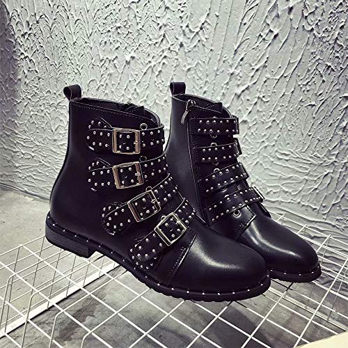 Damas Martin Botas Impermeables Remache Botines Punta Puntiaguda Botines con Cremallera Tachonada Correa de la Correa Bajo Tacón Grueso Botines para Mujeres