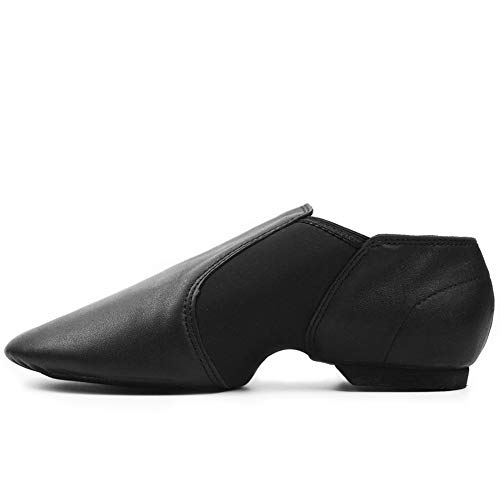 DANCEYOU Zapatos de Jazz de Cuero Negro con Poco Tacón Zapatillas de Danza con Suela Partida y Cinturón de Empalme Elasticidad para Niños y Adultos EU34