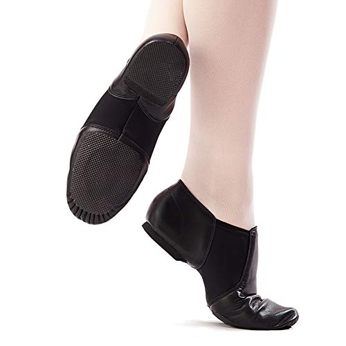DANCEYOU Zapatos de Jazz de Cuero Negro con Poco Tacón Zapatillas de Danza con Suela Partida y Cinturón de Empalme Elasticidad para Niños y Adultos EU34