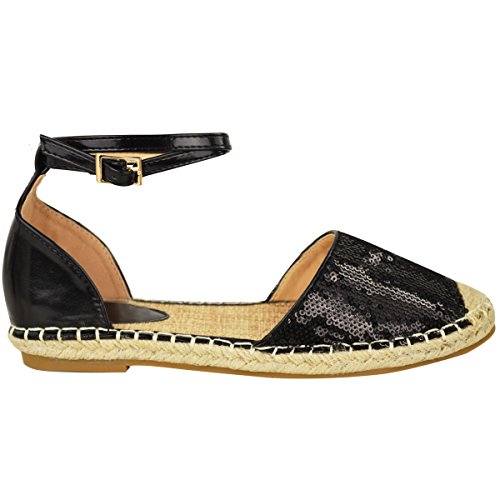 De Verano Para Damas Alpargatas Sandalias Planas Tira En Tobillo Vacaciones Número Zapato - Negro Lentejuelas / Charol, , Mujer, 36 EU/3 UK