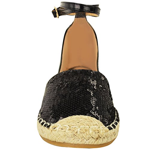 De Verano Para Damas Alpargatas Sandalias Planas Tira En Tobillo Vacaciones Número Zapato - Negro Lentejuelas / Charol, , Mujer, 36 EU/3 UK