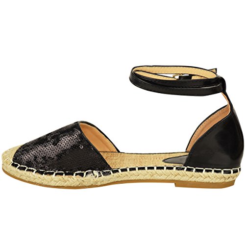 De Verano Para Damas Alpargatas Sandalias Planas Tira En Tobillo Vacaciones Número Zapato - Negro Lentejuelas / Charol, , Mujer, 36 EU/3 UK