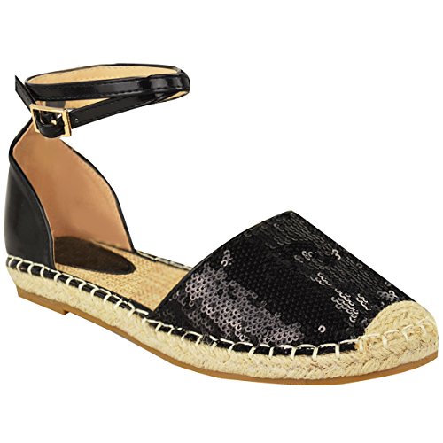 De Verano Para Damas Alpargatas Sandalias Planas Tira En Tobillo Vacaciones Número Zapato - Negro Lentejuelas / Charol, , Mujer, 36 EU/3 UK