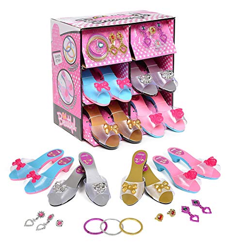 deAO Juego de Zapatos y Accesorios de Princesa Conjunto Infantil de Imitación 4 Pares de Zapatos de Tacón y 8 Joyas Fabricado en Plástico