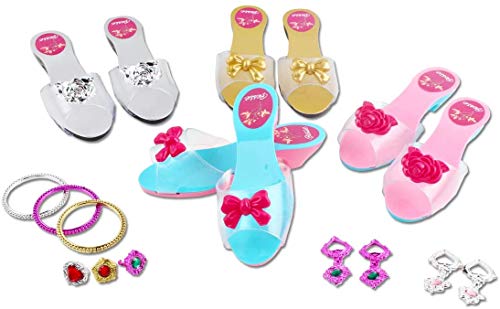 deAO Juego de Zapatos y Accesorios de Princesa Conjunto Infantil de Imitación 4 Pares de Zapatos de Tacón y 8 Joyas Fabricado en Plástico