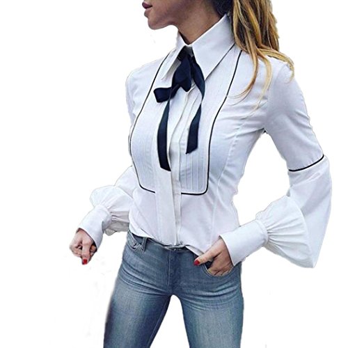 DEELIN Camiseta De Trabajo De Manga Larga para Oficina, Blanca, Cintura Blanca, Camiseta De Manga Larga con Cuello En V, Blusas para Mujer