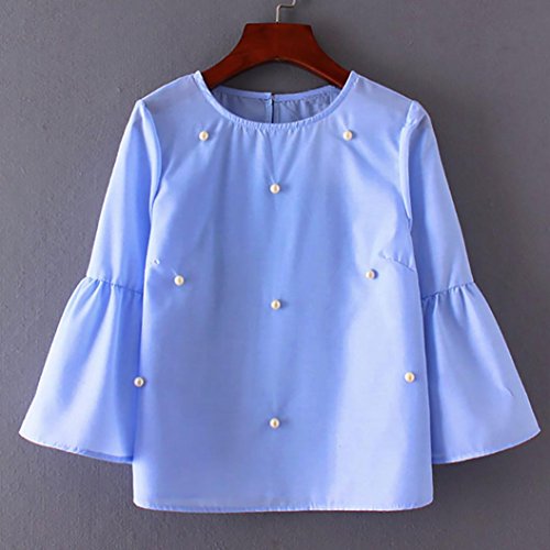 DEELIN Manga Larga De Las Mujeres De Manga Larga con Cuello Redondo Y Mangas De Trompeta Color Liso Blusa Decorativa De Perlas De La Camiseta