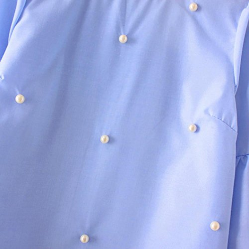 DEELIN Manga Larga De Las Mujeres De Manga Larga con Cuello Redondo Y Mangas De Trompeta Color Liso Blusa Decorativa De Perlas De La Camiseta