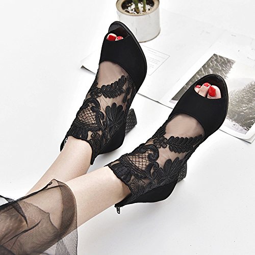 DEELIN Moda Mujeres Zip Señoras Tobillo Talones Casual Abierto Toe Encaje Partido Singel Zapatos