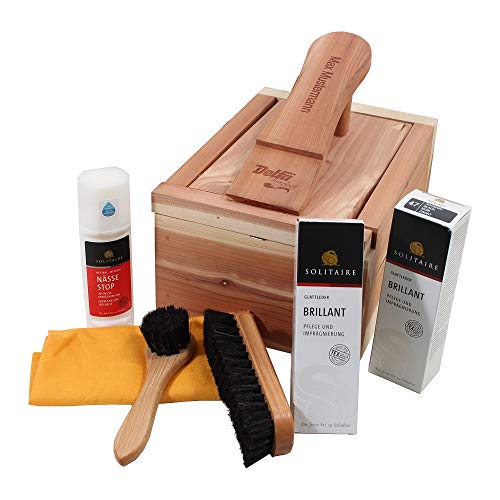 DELFA Caja para el cuidado de madera de cedro con nombre/texto con láser, nuevo con productos Solitaire para el cuidado de los zapatos bien arreglados