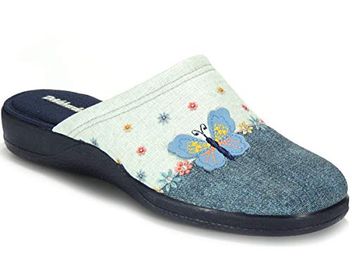 DEVALVERDE 1181 Zapatilla Destalonada de Estar por Casa para Mujer Descalza Mariposa Marino Talla 39