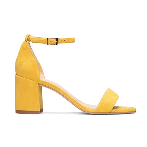 Diosa - Sandalias Amarillas Mostaza de Vestir con Tiras para Mujer en Piel - Hechas en España - Tacon Bajo Ancho 6 cm - Cierre con Hebilla al Tobillo - Moda Casual Verano - Amarillo 36 EU