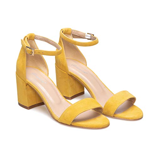 Diosa - Sandalias Amarillas Mostaza de Vestir con Tiras para Mujer en Piel - Hechas en España - Tacon Bajo Ancho 6 cm - Cierre con Hebilla al Tobillo - Moda Casual Verano - Amarillo 36 EU