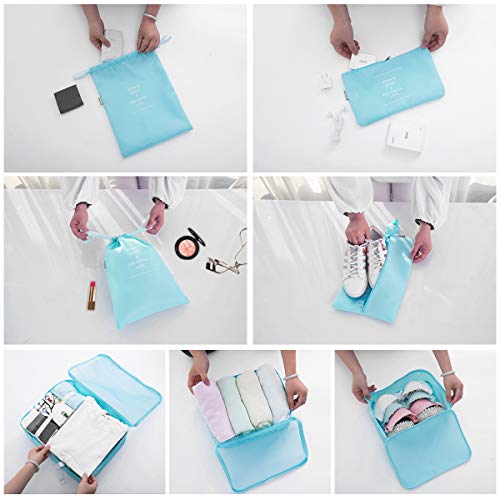 DoGeek Organizador de Equipaje 8 en 1 Set Viaje con Bolsa de Zapato, Impermeable Organizador de Maleta Bolsa para Ropa Sucia de Viaje, Material Nylon (Azul Claro)