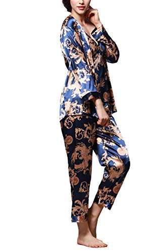 Dolamen Pijamas para Mujer, Pijamas Mujer Invierno, 3-in-1 Mujer Camisones, Satén Suave y cálido Manga Larga y Pantalones Largos, Mujer Largo Camisones Raso Satin Pijamas (Large, Azul)