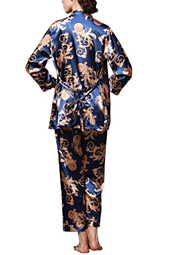 Dolamen Pijamas para Mujer, Pijamas Mujer Invierno, 3-in-1 Mujer Camisones, Satén Suave y cálido Manga Larga y Pantalones Largos, Mujer Largo Camisones Raso Satin Pijamas (Large, Azul)