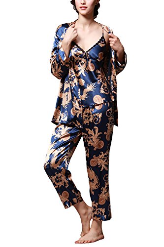 Dolamen Pijamas para Mujer, Pijamas Mujer Invierno, 3-in-1 Mujer Camisones, Satén Suave y cálido Manga Larga y Pantalones Largos, Mujer Largo Camisones Raso Satin Pijamas (Large, Azul)