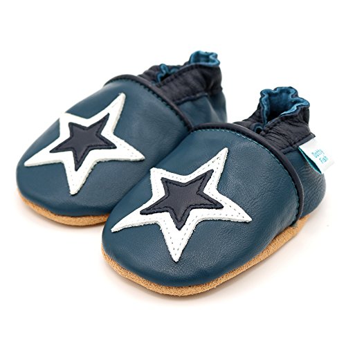 Dotty Fish Zapatos de Cuero Suave para bebés. Antideslizante. Azul Marino y Estrella Blanca. 4-5 Años (28 EU)