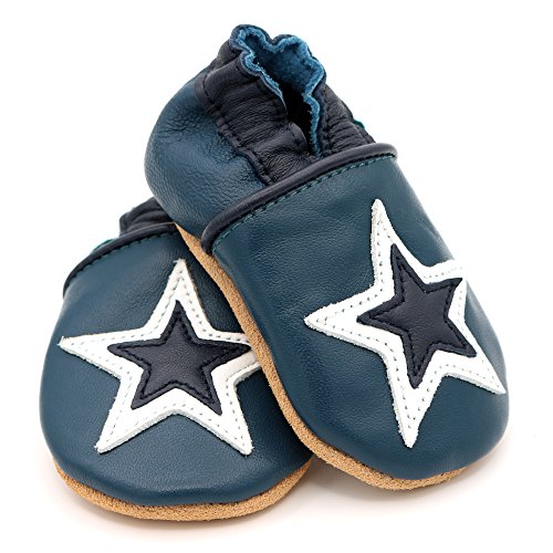 Dotty Fish Zapatos de Cuero Suave para bebés. Antideslizante. Azul Marino y Estrella Blanca. 4-5 Años (28 EU)