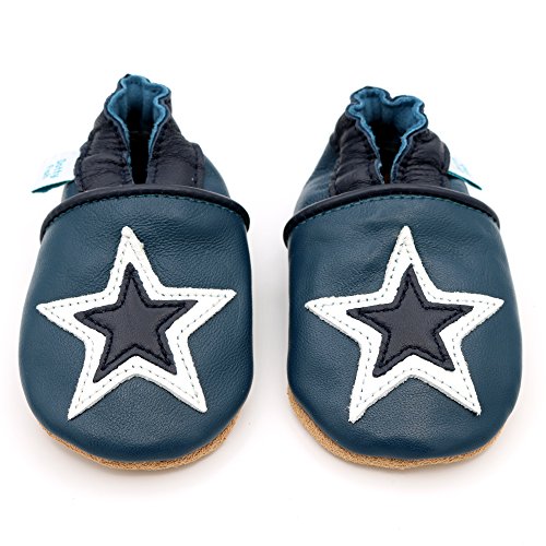 Dotty Fish Zapatos de Cuero Suave para bebés. Antideslizante. Azul Marino y Estrella Blanca. 4-5 Años (28 EU)