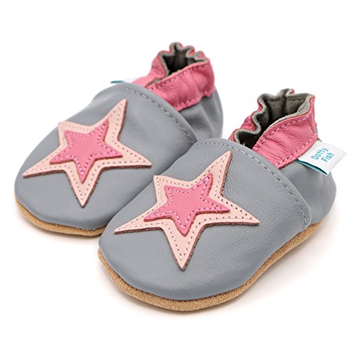 Dotty Fish Zapatos de Cuero Suave para bebés. Antideslizante. Estrella Gris y Rosa. 4-5 Años (28 EU)