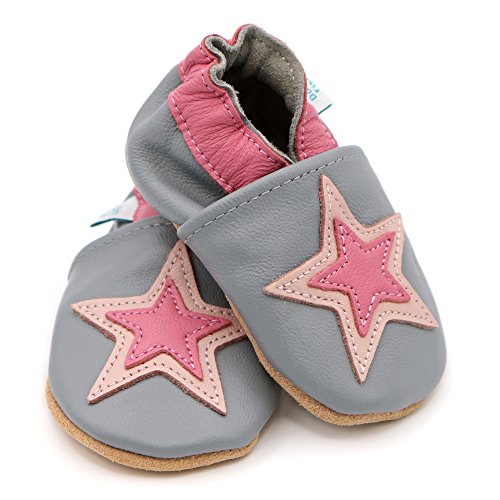 Dotty Fish Zapatos de Cuero Suave para bebés. Antideslizante. Estrella Gris y Rosa. 4-5 Años (28 EU)