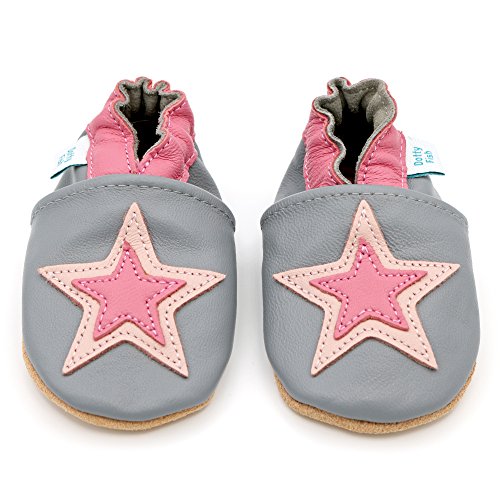 Dotty Fish Zapatos de Cuero Suave para bebés. Antideslizante. Estrella Gris y Rosa. 4-5 Años (28 EU)