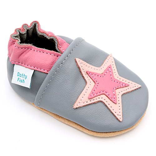 Dotty Fish Zapatos de Cuero Suave para bebés. Antideslizante. Estrella Gris y Rosa. 4-5 Años (28 EU)