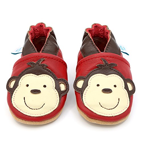 Dotty Fish Zapatos de Cuero Suave para bebés. Antideslizante. Rojo con Mono marrón. 18-24 Meses (23 EU)