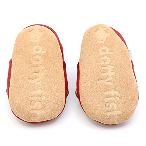 Dotty Fish Zapatos de Cuero Suave para bebés. Antideslizante. Rojo con Mono marrón. 18-24 Meses (23 EU)