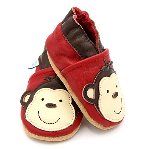 Dotty Fish Zapatos de Cuero Suave para bebés. Antideslizante. Rojo con Mono marrón. 18-24 Meses (23 EU)