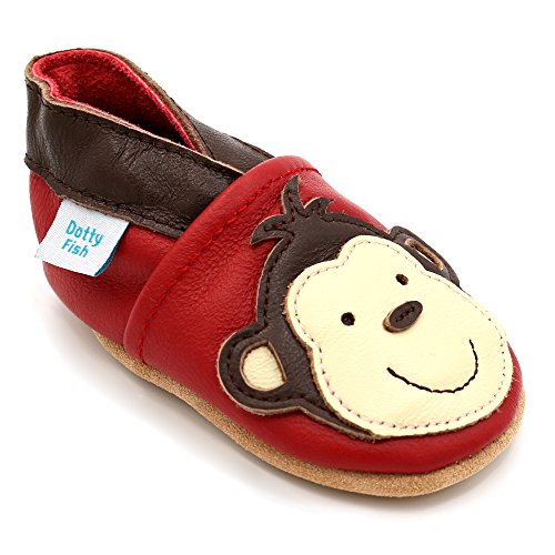 Dotty Fish Zapatos de Cuero Suave para bebés. Antideslizante. Rojo con Mono marrón. 18-24 Meses (23 EU)