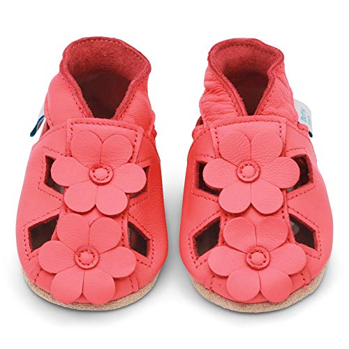 Dotty Fish Zapatos de Cuero Suave para bebés. Sandalias para niñas. Coral con Flores. 6-12 Meses (19 EU)