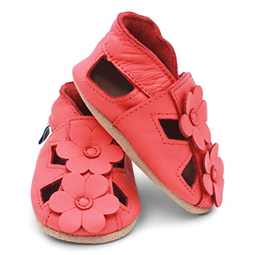 Dotty Fish Zapatos de Cuero Suave para bebés. Sandalias para niñas. Coral con Flores. 6-12 Meses (19 EU)