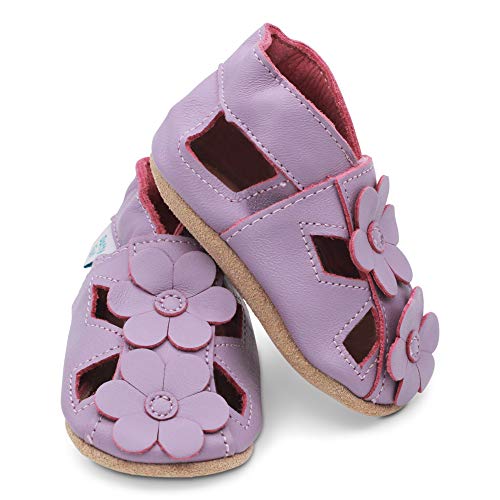 Dotty Fish Zapatos de Cuero Suave para bebés. Sandalias para niñas. Lila con Flores. 12-18 Meses (21 EU)