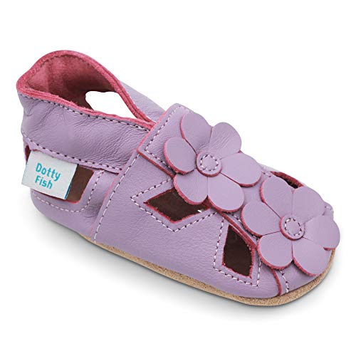 Dotty Fish Zapatos de Cuero Suave para bebés. Sandalias para niñas. Lila con Flores. 12-18 Meses (21 EU)