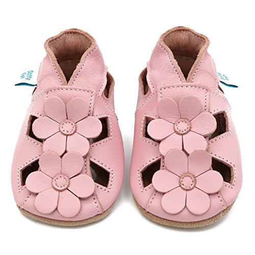 Dotty Fish Zapatos de Cuero Suave para bebés. Sandalias para niñas. Rosa con Flores. 6-12 Meses (19 EU)