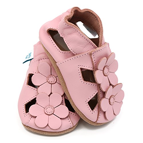 Dotty Fish Zapatos de Cuero Suave para bebés. Sandalias para niñas. Rosa con Flores. 6-12 Meses (19 EU)
