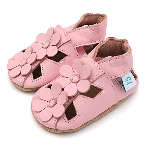 Dotty Fish Zapatos de Cuero Suave para bebés. Sandalias para niñas. Rosa con Flores. 6-12 Meses (19 EU)
