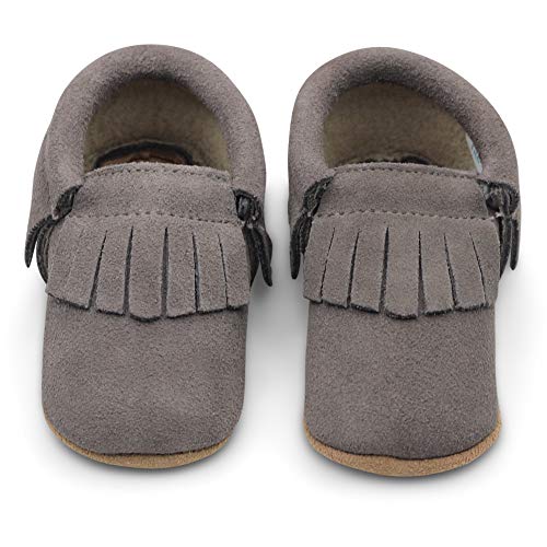 Dotty Fish Zapatos para bebés de bebés. Mocasines con borlas. Zapatos de Cuna Prewalkers Antideslizantes. Chicos Chicas. Gris. 12-18 Meses (21 EU)