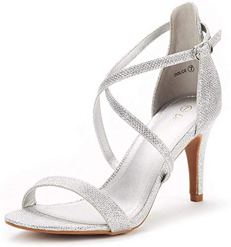 Dream Pairs DOLCE Sandalias de Tacón Vestir Moda Punta Abierta Tira Tobillo para Mujer Plateado Brillante 39.5 EU/8.5 US