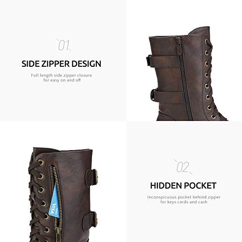 Dream Pairs Mujer Botas de Invierno Combate con Bolsillo Exterior Cremallera Moda Mitad Pantorrilla Botas Terran-Snow Marrón 39 EU/8 US