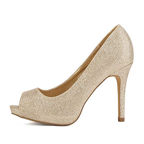 Dream Pairs Mujer Plataforma Peep Toe Pumps Tacón Sandalias Zapatos De Boda Novia SWAN-26 Brillo De Oro Talla 9 US / 40 EU