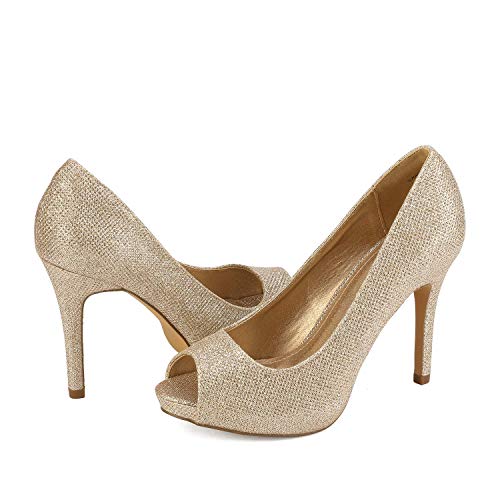Dream Pairs Mujer Plataforma Peep Toe Pumps Tacón Sandalias Zapatos De Boda Novia SWAN-26 Brillo De Oro Talla 9 US / 40 EU