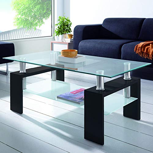 duehome Mesa Centro Moderna de Cristal, Mesita Salon, Color Negro, Medidas: 110 cm (Largo) x 60 cm (Ancho) x 45 cm (Altura)