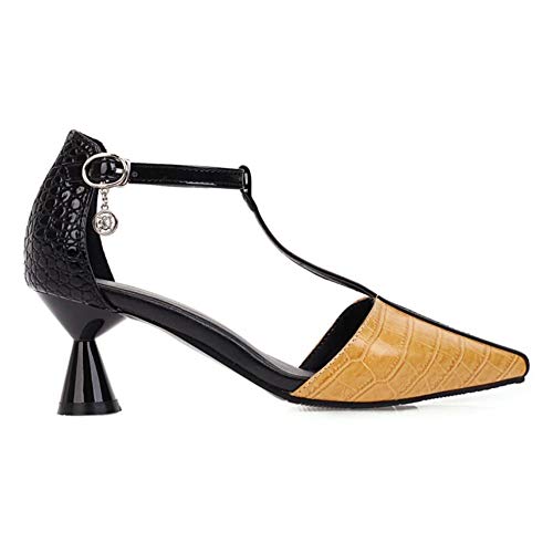 DunaCuna Mujer Moda Tacón Medio Bomba Tira Vertical Fiesta Zapatos Bicolor Verano Zapatos Hebilla Yellow Talla 43 Asiática